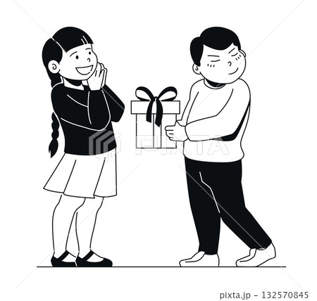Boy Giving Present - Black and White Flat Design Illustration 132570845