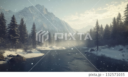 Winter mountain valley snowstorm with snow-covered pine trees and partially frozen river Winter mountain valley snowstorm with snow-covered pine trees and partially frozen river 132571035