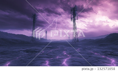 Futuristic desert landscape with alien communication towers under stormy purple sky Futuristic desert landscape with alien communication towers under stormy purple sky 132571058