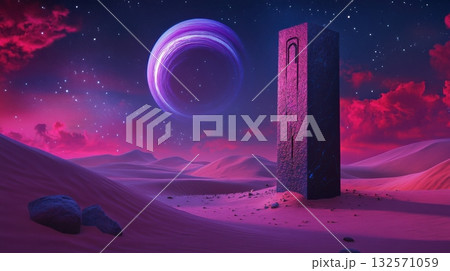 Surreal alien desert with futuristic monolith, massive ringed planet, and red-purple dunes under stars 132571059