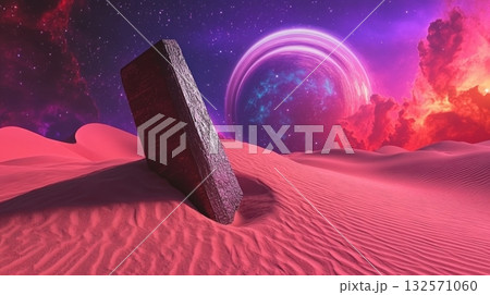 Sci-fi alien desert with massive ringed planet and futuristic monolith in sand under surreal atmospheric lighting 132571060
