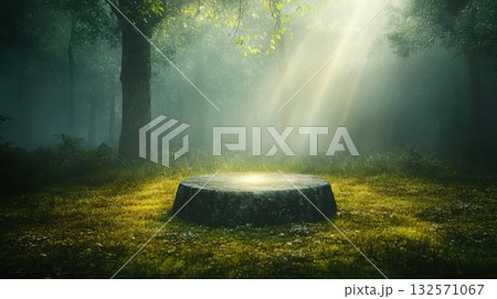 Mystical glade with glowing stone circle in fog-drenched forest, shafts of light create a dreamlike ambiance 132571067