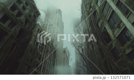 Post-apocalyptic cityscape featuring crumbling skyscrapers covered in vines and moss under a melancholic diffused light Post-apocalyptic cityscape featuring crumbling skyscrapers covered in vines and moss under a melancholic diffused light 132571071
