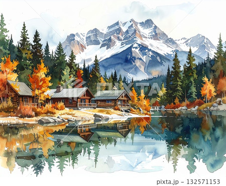 雪を抱いた山々を背景に湖畔に並ぶ素朴なログキャビンと秋の森の美しい水彩画 雪を抱いた山々を背景に湖畔に並ぶ素朴なログキャビンと秋の森の美しい水彩画 132571153
