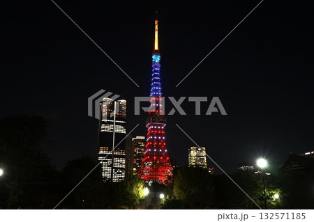 アメリカ色にライトアップされた夜の東京タワー　10月港区1963祝トランプ来日・東京タワー芝公園 132571185