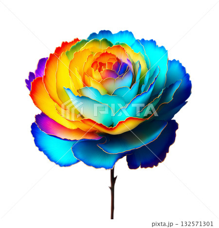 Stunning rainbow rose unfolds vibrant petals with exquisite gold edging, a symbol of love, beauty, and boundless possibilities for creative projects 132571301