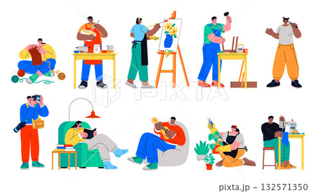 Collection of people practicing various creative hobbies in hand-drawn flat style 132571350