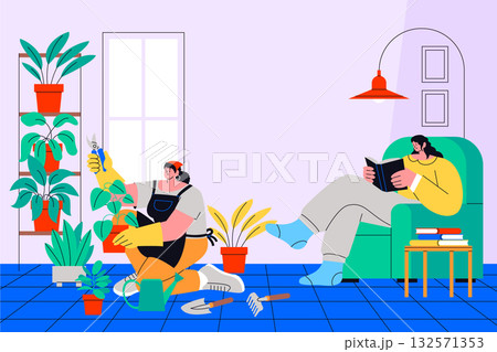 Cozy indoor hobby scene with gardener and reader in hand-drawn flat style Cozy indoor hobby scene with gardener and reader in hand-drawn flat style 132571353