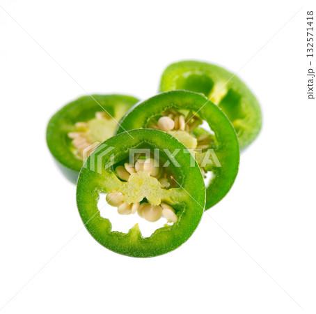 Fresh jalapeno pepper isolated on white background. Slices of green hot serrano pepper. Clipping path. 132571418