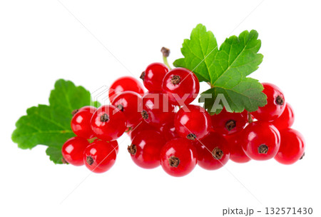 Red currant isolated on white background. Redcurrant or Ribes rubrum ripe berries with green leaves. 132571430
