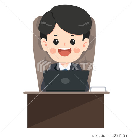Cartoon Businessman Working on Laptop at Desk Cartoon Businessman Working on Laptop at Desk 132571553