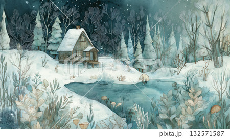 夕暮れの冬景色と小屋のある幻想的な森、水彩タッチの温かみある自然風景イラスト、落ち着いたトーンの冬 132571587
