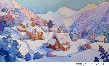 暖色と寒色が織りなす幻想的な雪の風景、冬の森と小屋を描いた手描き風イラスト、自然と建物が調和 132571619