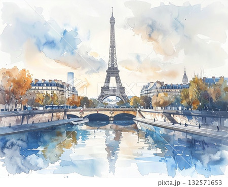 セーヌ川と街並みの間に立つエッフェル塔を柔らかな光で描いたフランス・パリの水彩画 セーヌ川と街並みの間に立つエッフェル塔を柔らかな光で描いたフランス・パリの水彩画 132571653