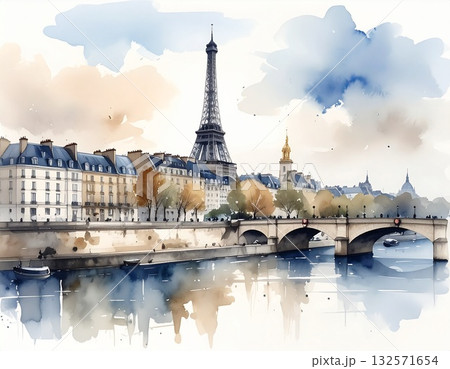 セーヌ川と街並みの間に立つエッフェル塔を柔らかな光で描いたフランス・パリの水彩画 セーヌ川と街並みの間に立つエッフェル塔を柔らかな光で描いたフランス・パリの水彩画 132571654