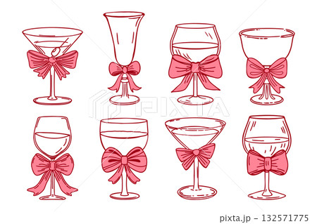 Collection of elegant pink cocktail and wine glasses with bows. Hand drawn sketch illustration. 132571775