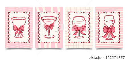 Whimsical greeting cards with elegant wine glasses with bows in vintage ribbon frames. Hand drawn sketch illustration. 132571777