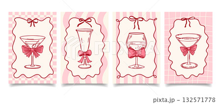 Whimsical greeting cards with elegant wine glasses with bows in vintage ribbon frames. Hand drawn sketch illustration. 132571778