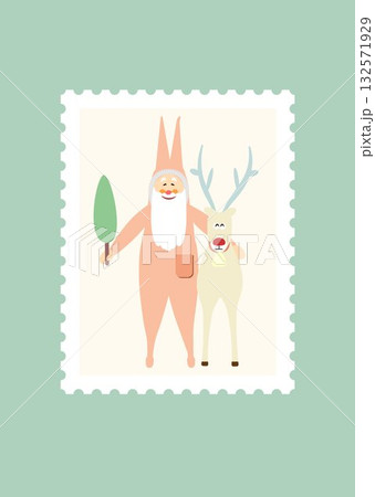 クリスマス サンタクロースとトナカイ鹿 切手メール パステル イラスト ベクター クリスマス サンタクロースとトナカイ鹿 切手メール パステル イラスト ベクター 132571929