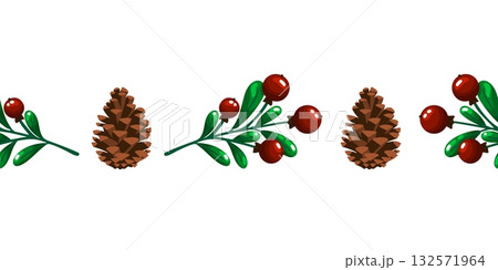 Pine Cones and Berry Branch Seamless Border 132571964