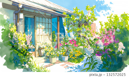 Gペン・丸ペンで描かれた優しい住宅と季節の花々｜線画風・ストーリーある風景 132572025