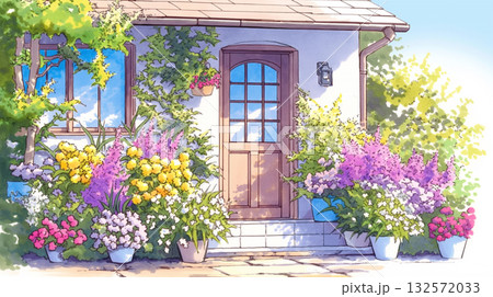 窓辺と玄関を彩る草花と光のイラスト素材｜春・暮らし・優しい水彩風線画タッチ 132572033