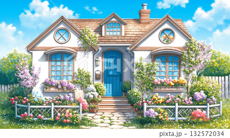 手描き風の可愛い家と満開の花々のイラスト｜家庭的・ナチュラル・庭先風景素材 132572034