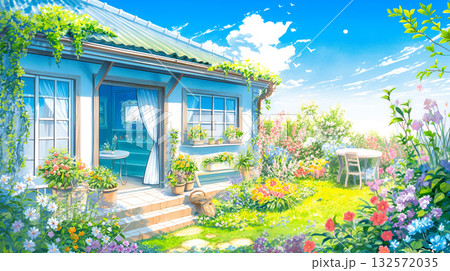 手描き風の可愛い家と満開の花々のイラスト｜家庭的・ナチュラル・庭先風景素材 132572035
