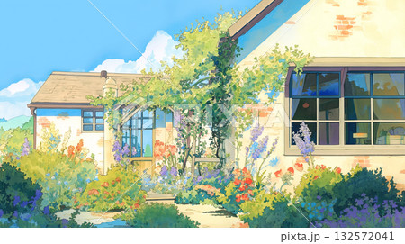 手描き風の可愛い家と満開の花々のイラスト｜家庭的・ナチュラル・庭先風景素材 132572041
