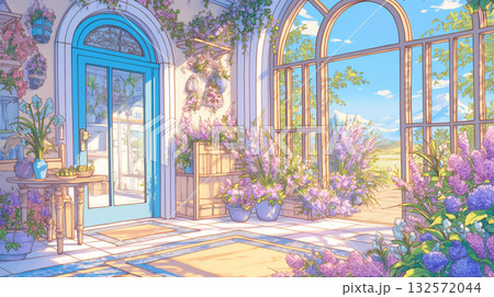 窓辺と玄関を彩る草花と光のイラスト素材｜春・暮らし・優しい水彩風線画タッチ 132572044