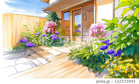 手描き風の可愛い家と満開の花々のイラスト｜家庭的・ナチュラル・庭先風景素材 132572045