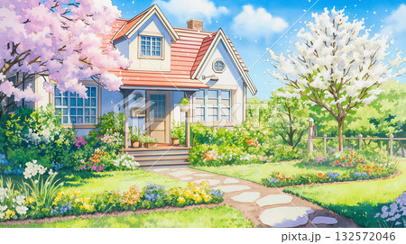 玄関先の草花とナチュラルな暮らしを描いた線画風イラスト｜季節感・可愛い家・春模様 132572046