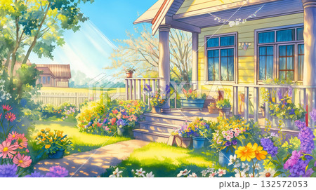 草花と木漏れ日に包まれた家の外観イラスト素材｜手描きタッチ・自然豊かな日常風景 132572053