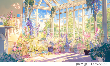 草花と木漏れ日に包まれた家の外観イラスト素材｜手描きタッチ・自然豊かな日常風景 132572058