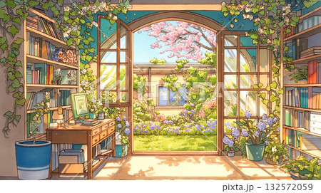 草花と木漏れ日に包まれた家の外観イラスト素材｜手描きタッチ・自然豊かな日常風景 132572059