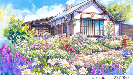 花に包まれた可憐な一軒家の外観｜手描きタッチ・ガーデニング・田舎風イラスト素材 132572068