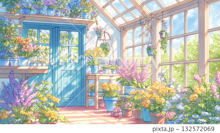 暖かな午後の木漏れ日と植物が彩る部屋と庭のイラスト｜Gペン風・光と自然のある暮らし 132572069