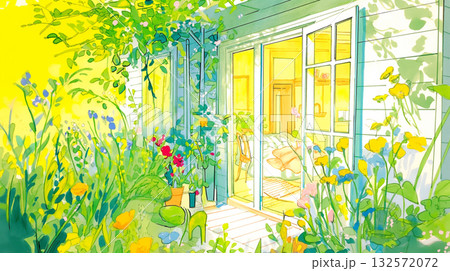 暖かな午後の木漏れ日と植物が彩る部屋と庭のイラスト｜Gペン風・光と自然のある暮らし 132572072