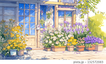 手描き風の優しい日常風景と花咲く玄関のイラスト｜Gペン・丸ペン使用の線画風素材 132572083
