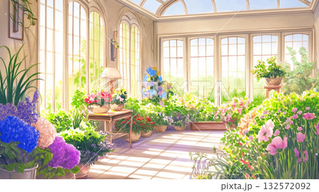 春の陽だまりと草花に囲まれた家の玄関イラスト素材|手描き風・自然・ガーデン風景 春の陽だまりと草花に囲まれた家の玄関イラスト素材|手描き風・自然・ガーデン風景 132572092