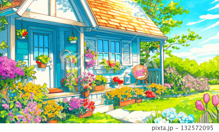 窓辺と玄関を彩る草花と光のイラスト素材｜春・暮らし・優しい水彩風線画タッチ 132572095