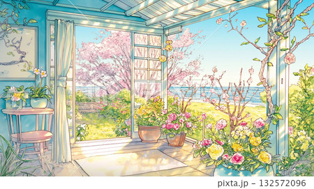 窓辺と玄関を彩る草花と光のイラスト素材｜春・暮らし・優しい水彩風線画タッチ 132572096