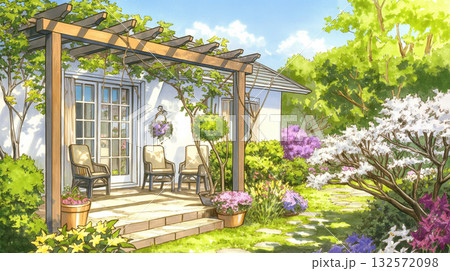 窓辺と玄関を彩る草花と光のイラスト素材｜春・暮らし・優しい水彩風線画タッチ 132572098