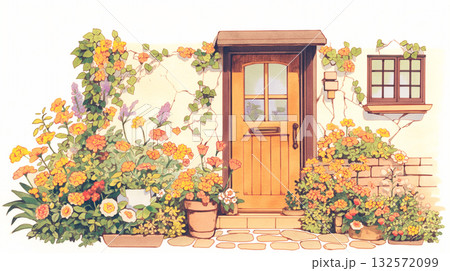 窓辺と玄関を彩る草花と光のイラスト素材｜春・暮らし・優しい水彩風線画タッチ 132572099