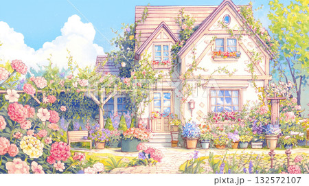 花に包まれた可憐な一軒家の外観｜手描きタッチ・ガーデニング・田舎風イラスト素材 132572107