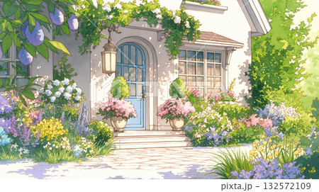 花に包まれた可憐な一軒家の外観｜手描きタッチ・ガーデニング・田舎風イラスト素材 132572109
