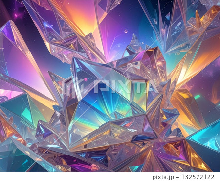 オーロラカラーの光を映すプリズムと虹色に輝くクリスタルの幻想的なガラス群 132572122