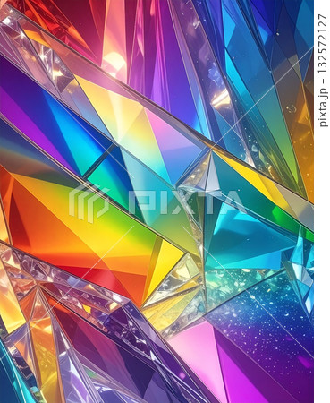 オーロラカラーの光を映すプリズムと虹色に輝くクリスタルの幻想的なガラス群 オーロラカラーの光を映すプリズムと虹色に輝くクリスタルの幻想的なガラス群 132572127