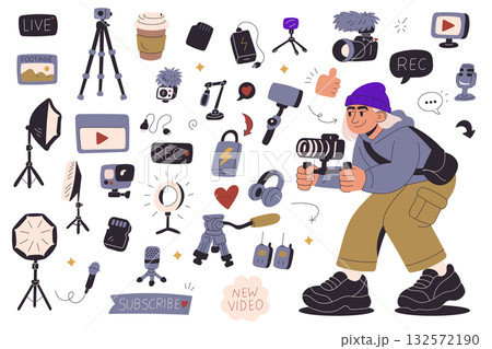 Female video creator filming content with camera and vlog equipment for social media Female video creator filming content with camera and vlog equipment for social media 132572190