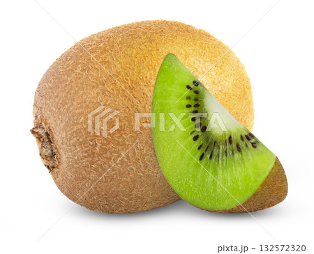Whole kiwi fruit and a green slice isolated. Kiwis with clipping path. Whole kiwi fruit and a green slice isolated. Kiwis with clipping path. 132572320